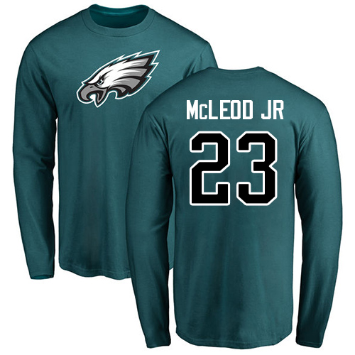Men Philadelphia Eagles #23 Rodney McLeod Green Name and Number Logo Long Sleeve NFL T Shirt->nfl t-shirts->Sports Accessory